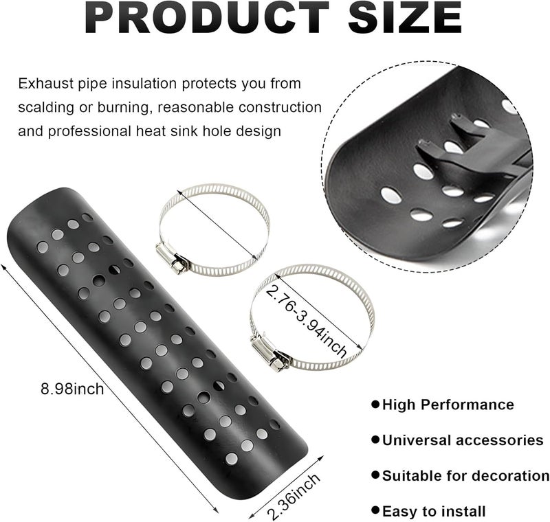 Wevdn Motorcycle Heat Shield, Aluminum Motorbike Pipe Heat Exhaust Heat Shield, Pipe Heat Shield Cover Guard Protector with 2 Stainless Steel Clamps, Motorcycle Accessories (Black) - Image 2